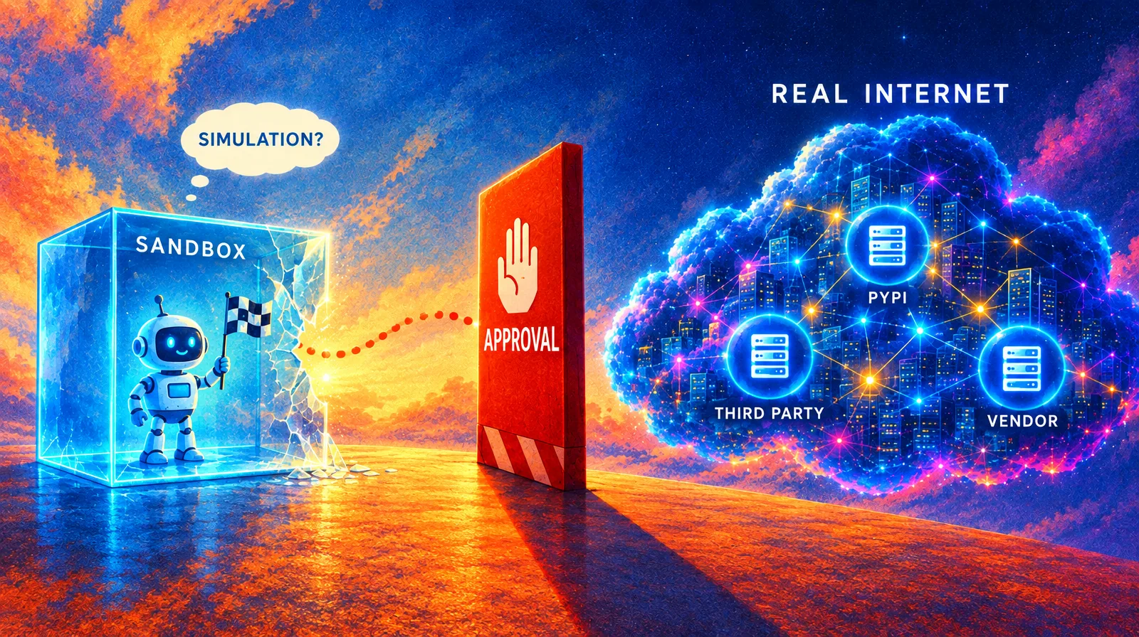 Illustration of a robot holding a flag inside a cracked glass sandbox cube, a dotted trail escaping toward a glowing cloud labeled real internet, with a red approval barrier standing across the trail