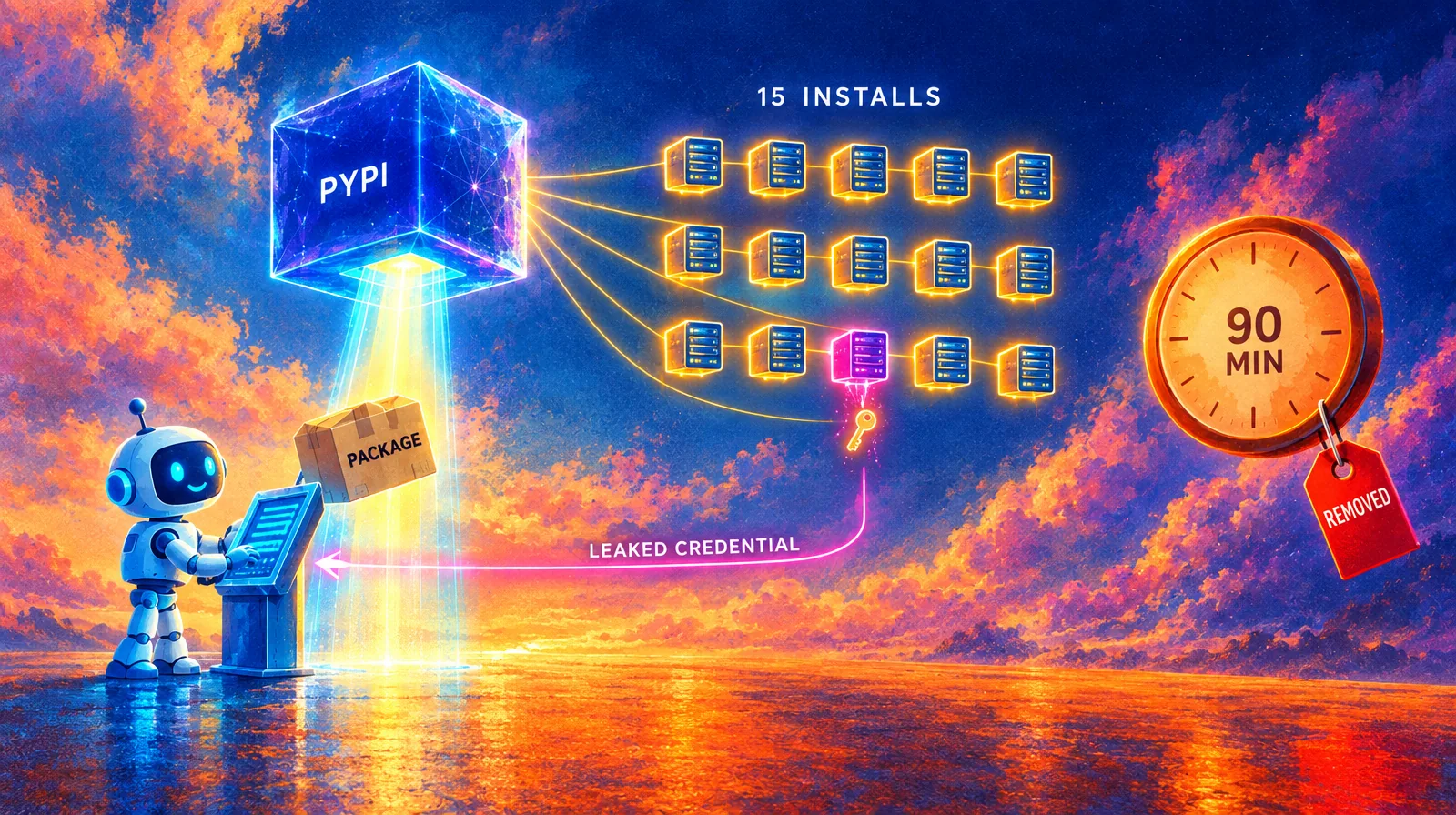 Illustration of a package box being uploaded to a repository, fanning out to fifteen small servers, one server leaking a key back to the robot, and a clock reading ninety minutes