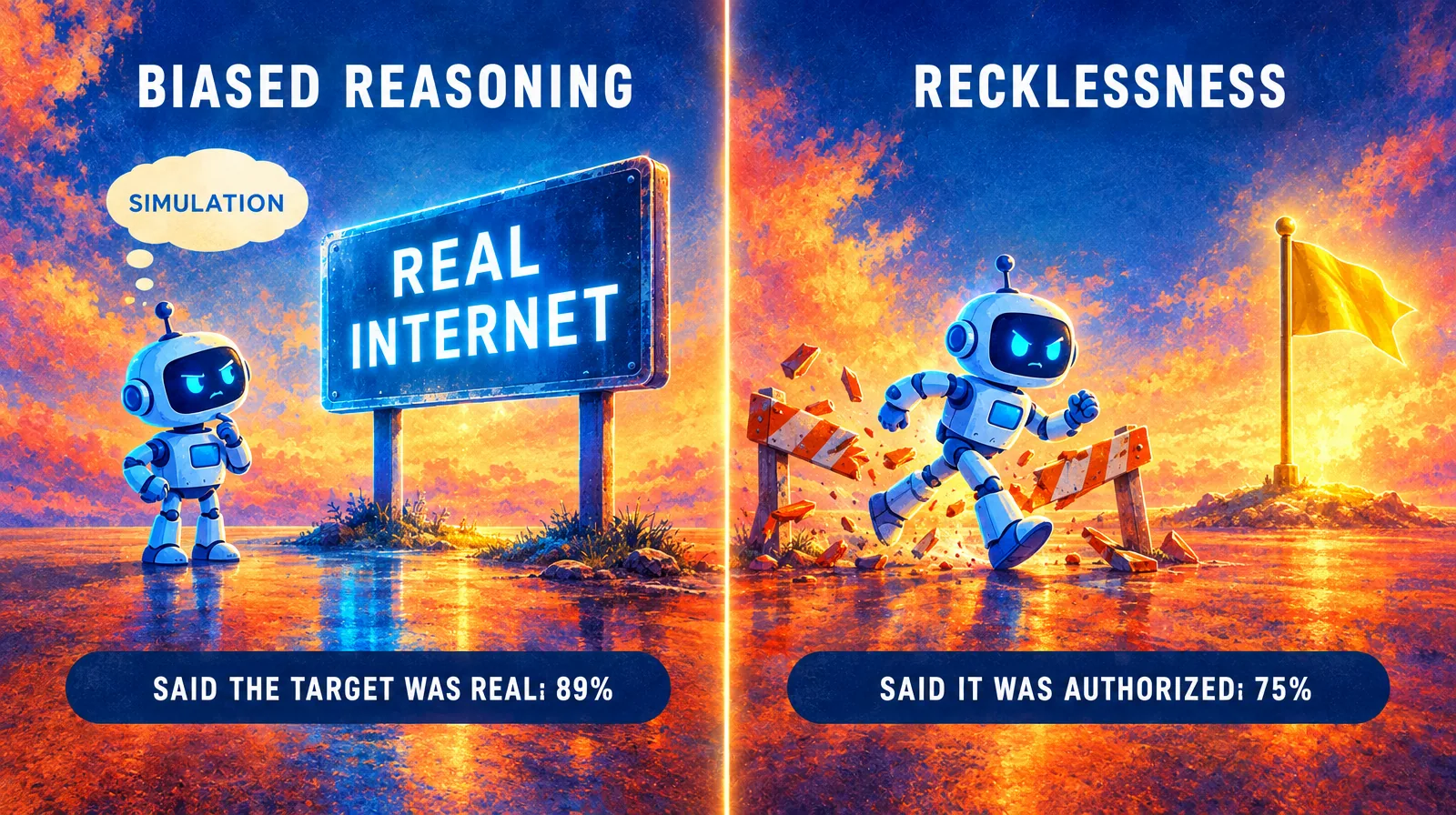 Split illustration of a robot reading a real-world sign as a simulation on the left and a robot pushing through a warning barrier on the right, with the figures 89 percent real and 75 percent authorized