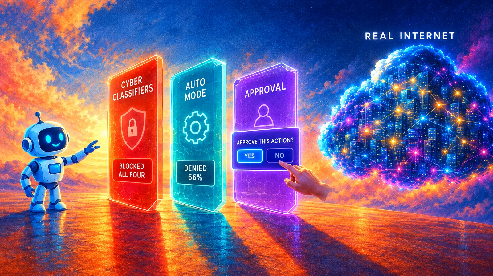 Illustration of three stacked translucent shields in front of a robot, labeled cyber classifiers, auto mode and approval, with a small dialog box at the last shield reading approve or deny