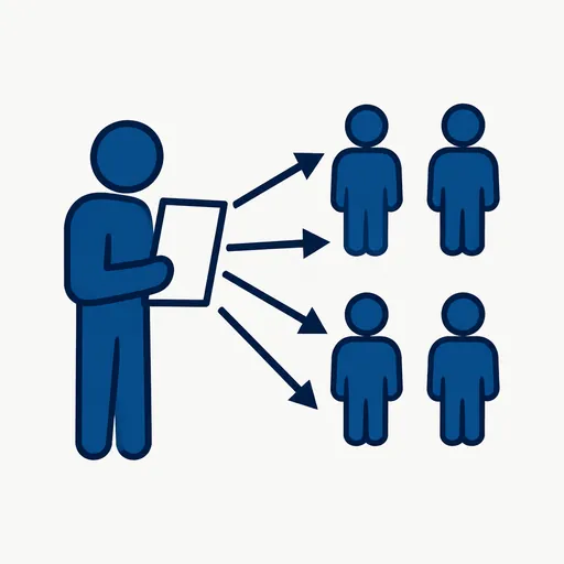 One large figure holding a plan with arrows to several small figures: a lead agent orchestrating others.