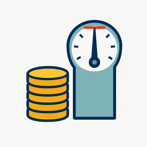 A coin stack beside a gauge at its red limit line: spend capped by a budget.