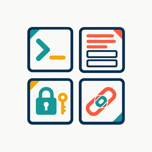 Four tiles with a terminal, a form, a padlock and a chain link: the four behaviors.