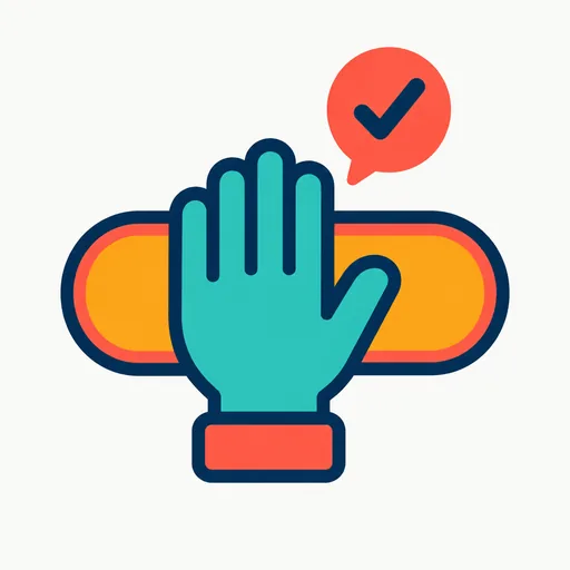 A raised hand over a submit button with a check bubble: waiting for approval before sending.