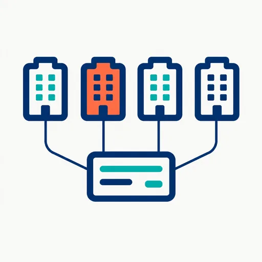 Four buildings connected to one card.