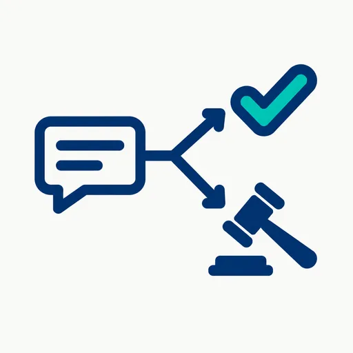 A speech bubble whose arrow forks to a check and a gavel.