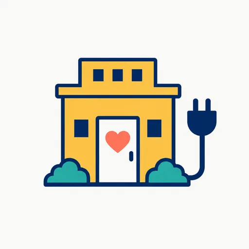 A small building with a heart on its door and a plug beside it.