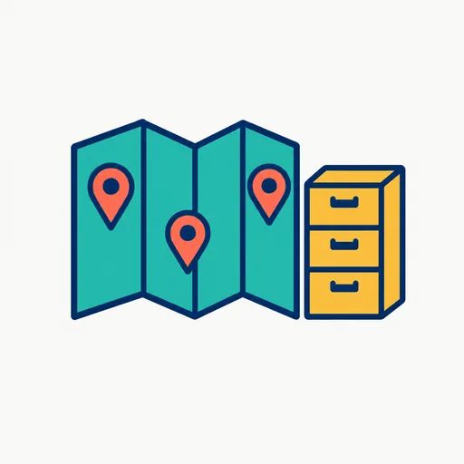 A folded map with three pins and a small filing cabinet.