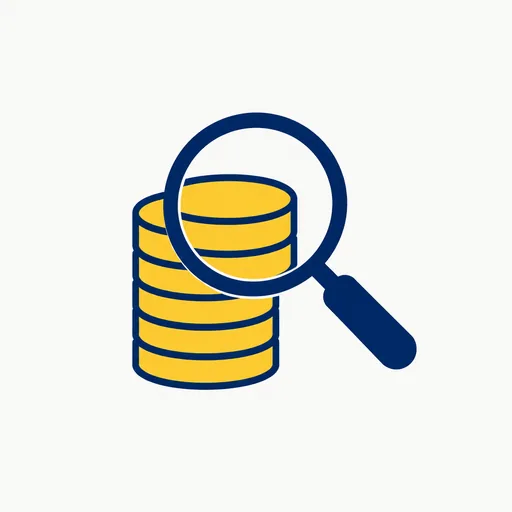 A magnifying glass over a stack of gold coins.
