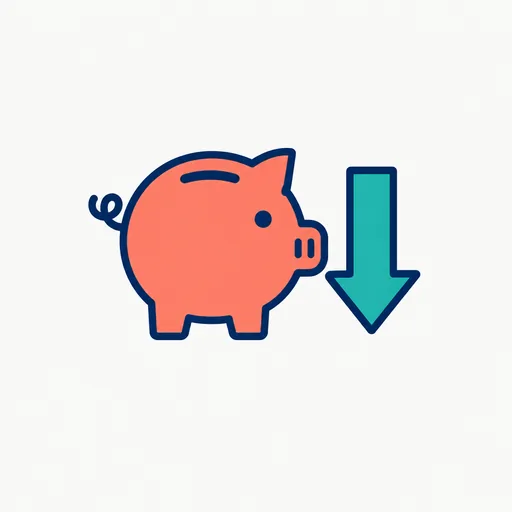 A piggy bank with a downward arrow beside it.