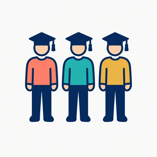 A group of three figures in graduation caps.