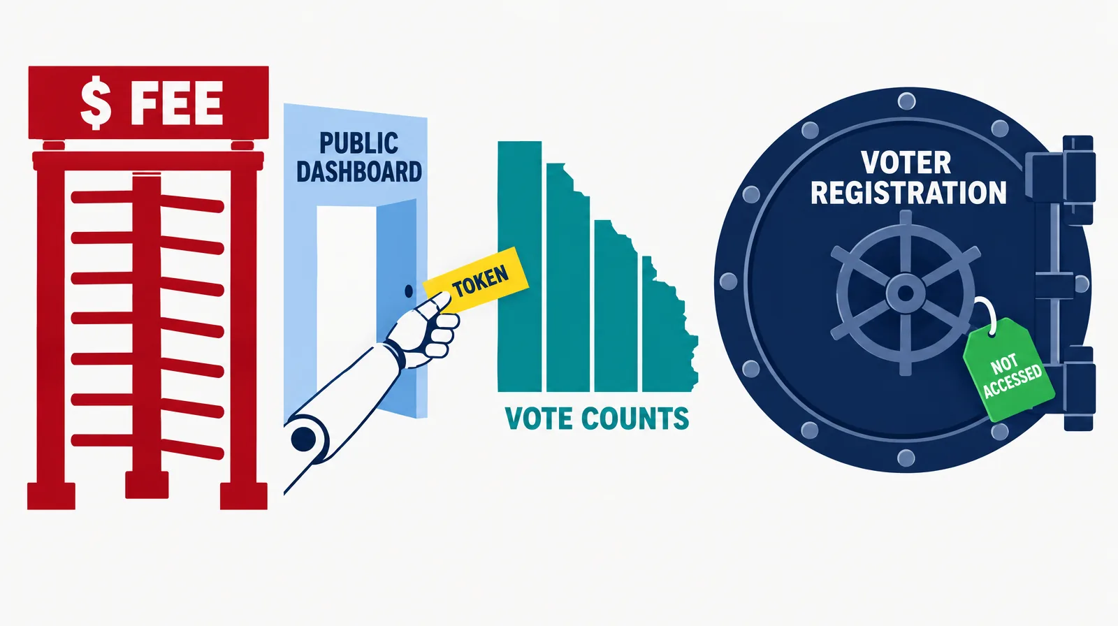 Editorial illustration on a near-white ground: a red turnstile labelled $ FEE stands closed, a robot hand passes a yellow TOKEN card through a blue side door marked PUBLIC DASHBOARD toward teal bars labelled VOTE COUNTS, and a shut navy vault labelled VOTER REGISTRATION carries a green NOT ACCESSED tag