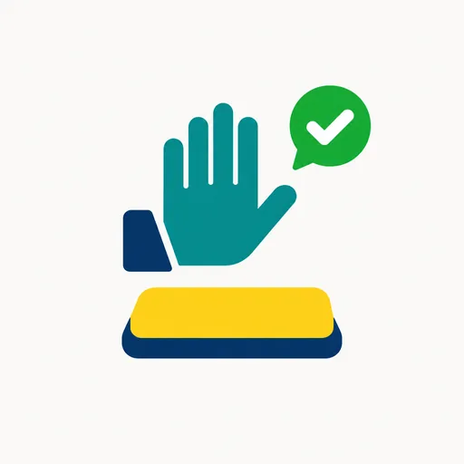 A raised hand over a pay button with a check bubble: approval before paying.