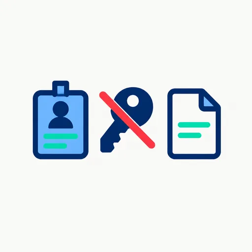 A badge beside a crossed-out key and a receipt.