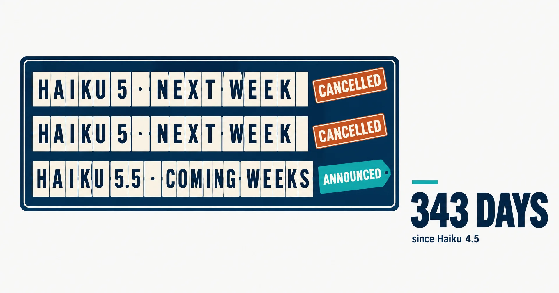 Editorial data illustration on a near-white ground: an airport departure board with two rows reading HAIKU 5 NEXT WEEK marked CANCELLED in rust and a third row reading HAIKU 5.5 COMING WEEKS in navy, with a huge number 343 DAYS since Haiku 4.5