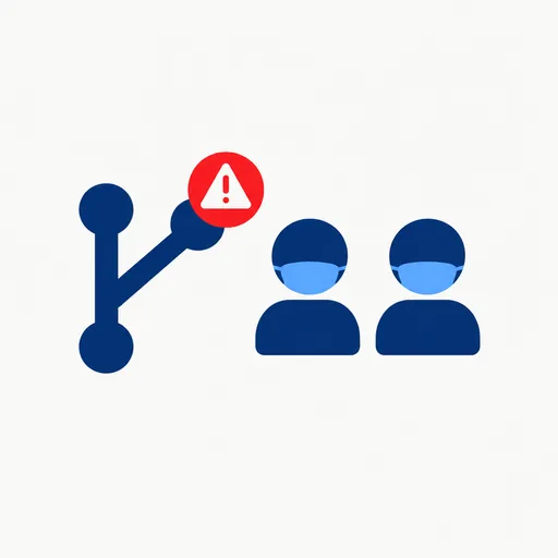 A code branch with a red warning badge and two masked figures.