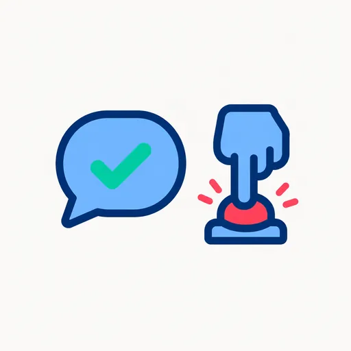 A speech bubble with a check mark beside a hand doing the opposite.