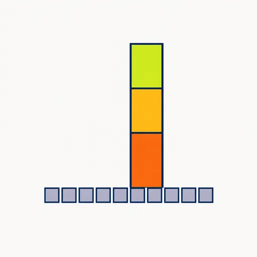 A tall three-color stack rising above a row of small grey blocks.
