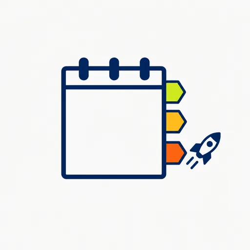A calendar with three colored date tabs and a small rocket.