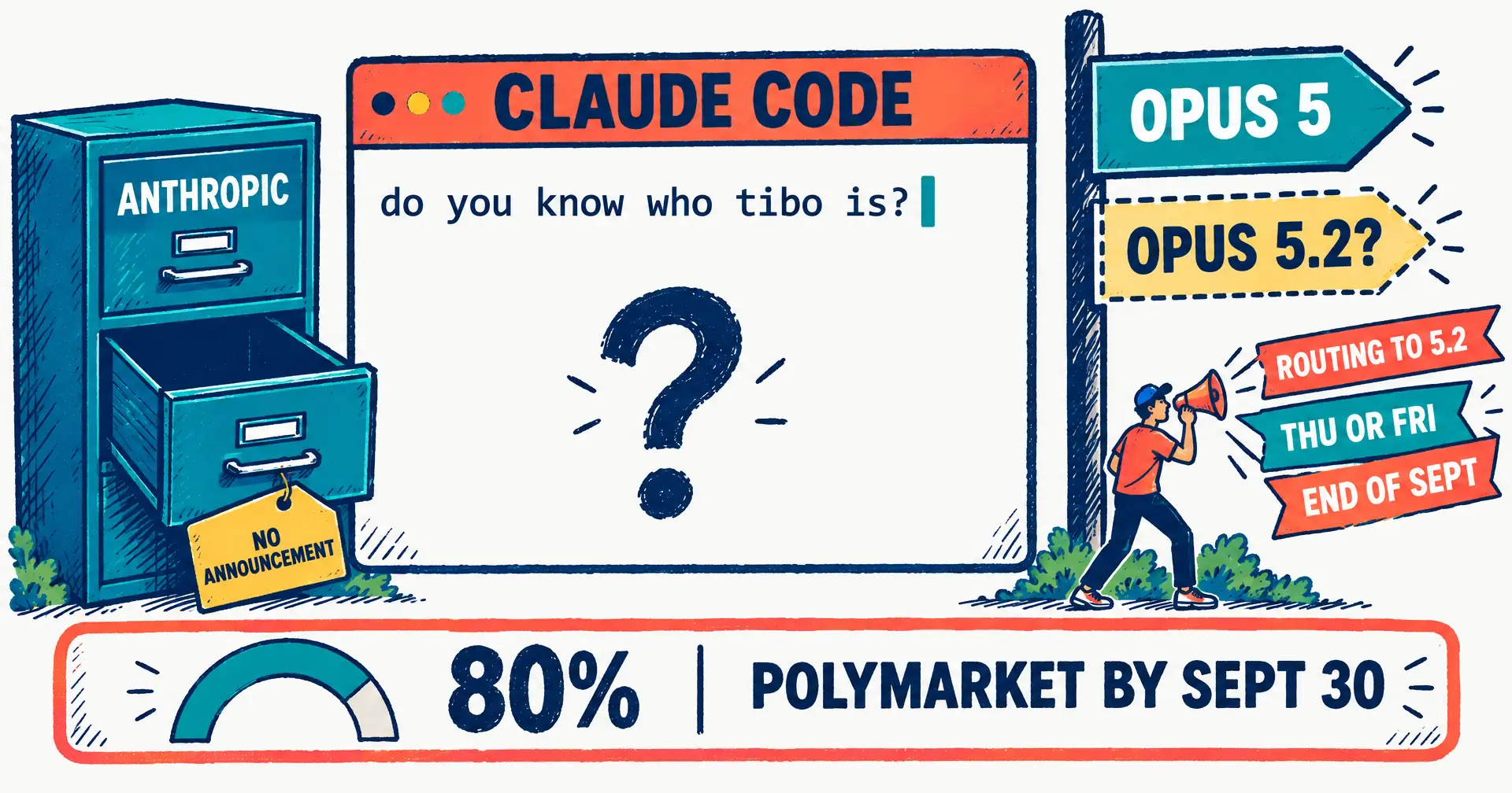 Editorial infographic: a Claude Code terminal window with the prompt do you know who tibo is and a large question mark where the answer would be; a signpost with a solid arrow labelled Opus 5 and a dashed arrow labelled Opus 5.2 with a question mark; a figure with a coral megaphone and ribbons reading routing to 5.2, Thu or Fri and end of Sept; a filing cabinet labelled Anthropic with an empty open drawer tagged no announcement; a gauge reading 80 percent labelled Polymarket by Sept 30