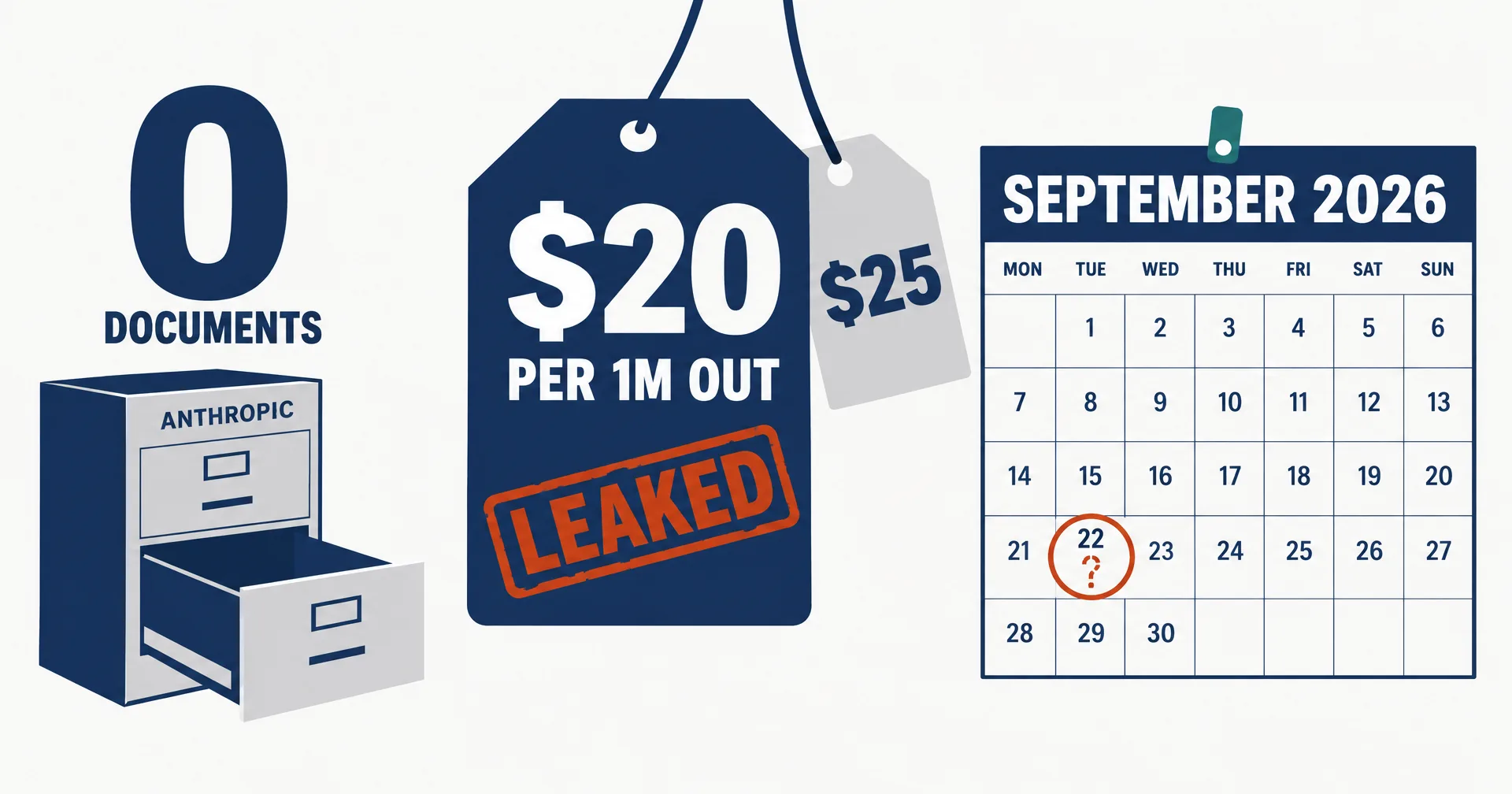 Editorial data illustration on a near-white ground: a large navy price tag reading $20 PER 1M OUT with the word LEAKED stamped across it beside a smaller grey tag reading $25, a wall calendar with Tuesday circled in rust and a dashed question mark inside the circle, and a small filing cabinet labelled Anthropic with one open drawer and nothing in it
