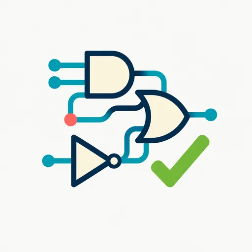A tangle of logic gates with a check mark.