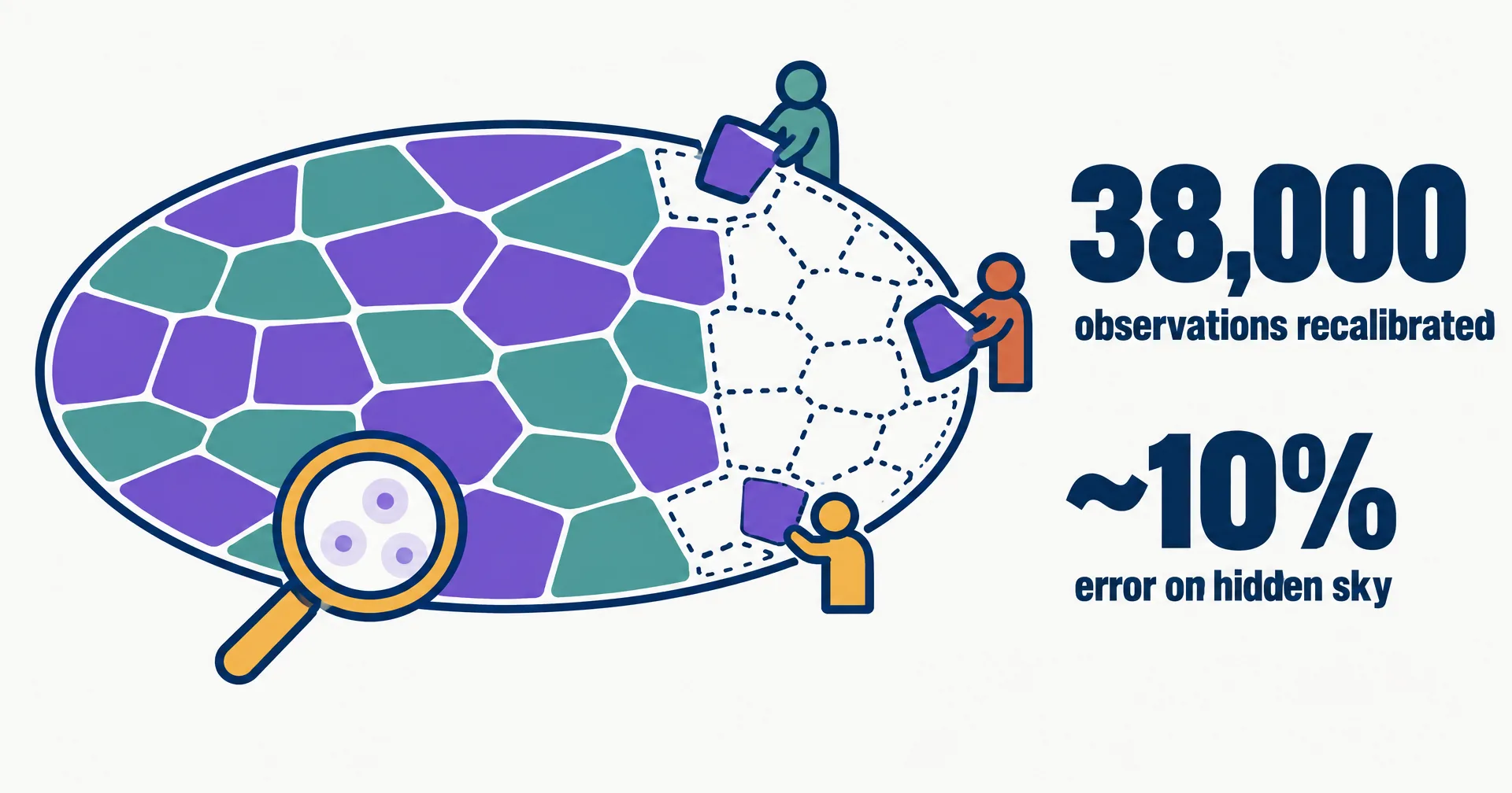 Editorial illustration on a near-white ground: a sky globe split into measured tiles and dotted predicted tiles, with small agent figures filling the gaps and a magnifying glass over faint circles, with the figures 38,000 observations and about 10% error