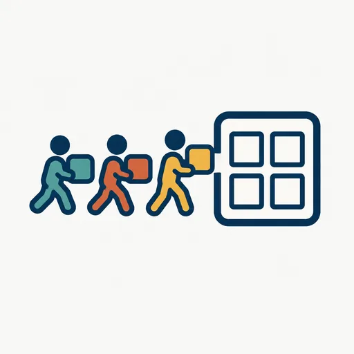 Several small figures passing tiles into one larger frame: a team of agents merging data.