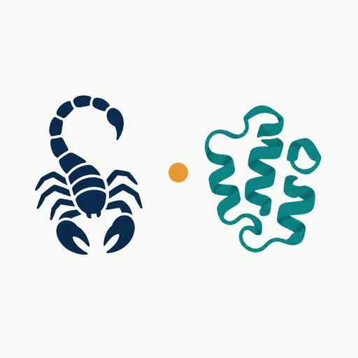 A scorpion outline beside a protein shape.