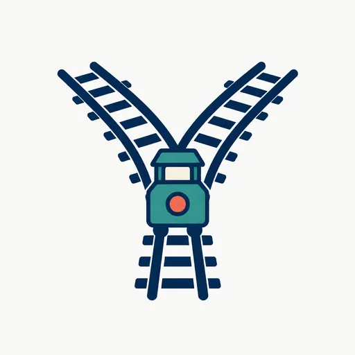 A railway switch with a small locomotive at the fork: a routing decision on release day.