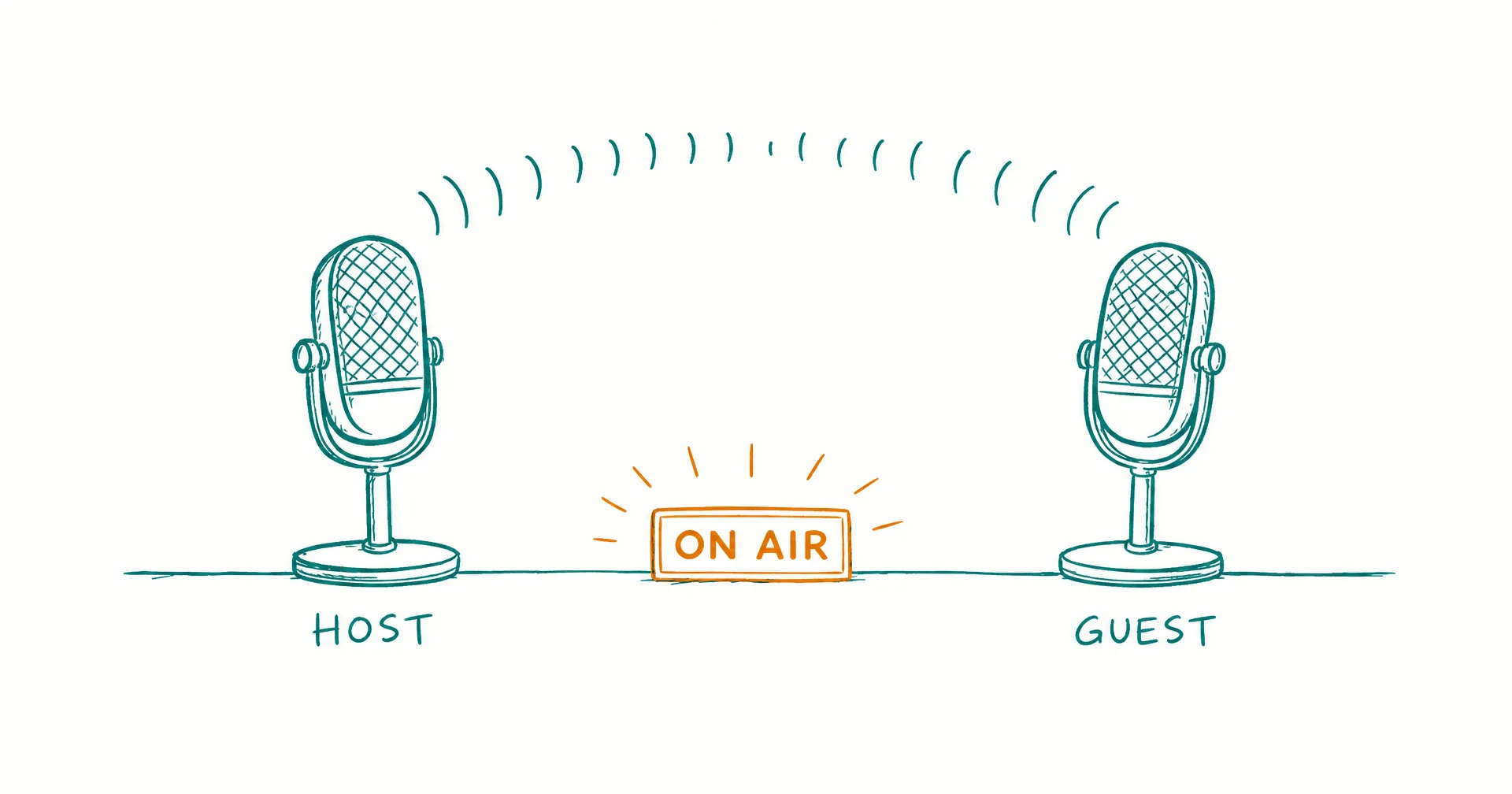 Hand-drawn sketch of two microphones facing each other across a desk, one labeled host and one labeled guest, with a small on-air lamp glowing between them
