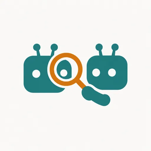 Two robot heads, one holding a magnifying lens to the other: a second agent reviewing the first.