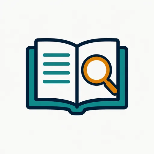 An open book with a magnifying glass over a blank page.