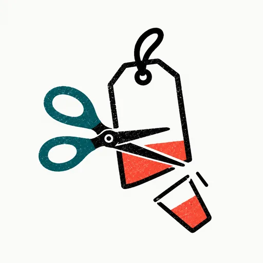 A pair of teal scissors cutting a paper price tag, the cut corner falling away: the launch pitch is the cost, not the score.
