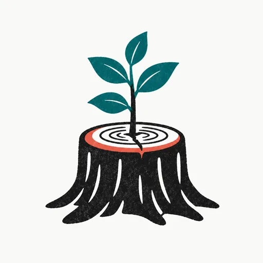 A young sapling with teal leaves growing from the top of a cut tree stump: a new model grown on Kimi K3.