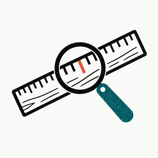 A magnifying glass held over a wooden ruler with one coral tick: the measurement is the vendor's own.