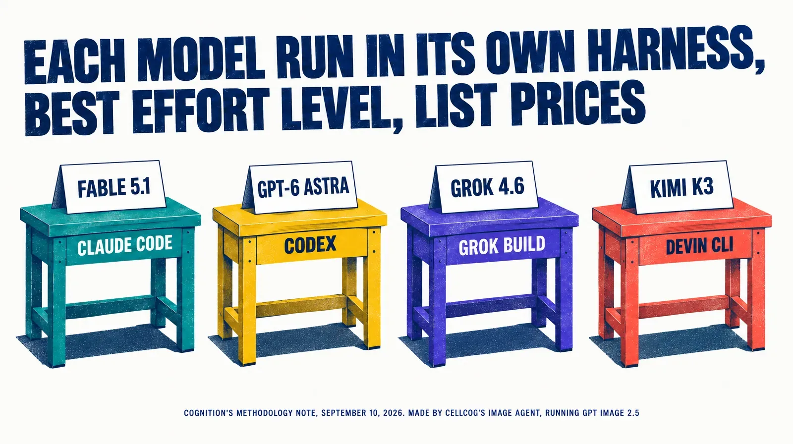Four workbenches labeled Claude Code, Codex, Grok Build and Devin CLI, each with a model card reading Fable 5.1, GPT-6 Astra, Grok 4.6 and Kimi K3