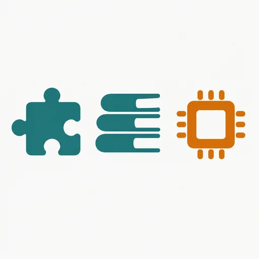 A puzzle piece, a stack of books and a memory chip: skills, libraries and memory.