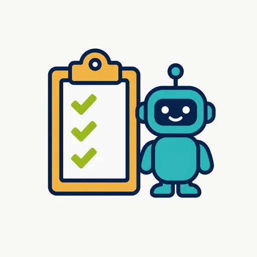 A clipboard with check marks beside a small robot.