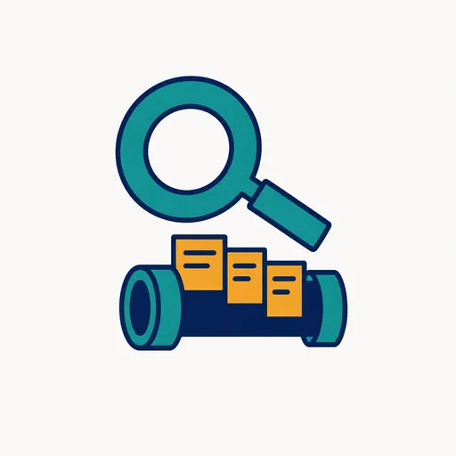 A magnifying glass over a pipe carrying document sheets.