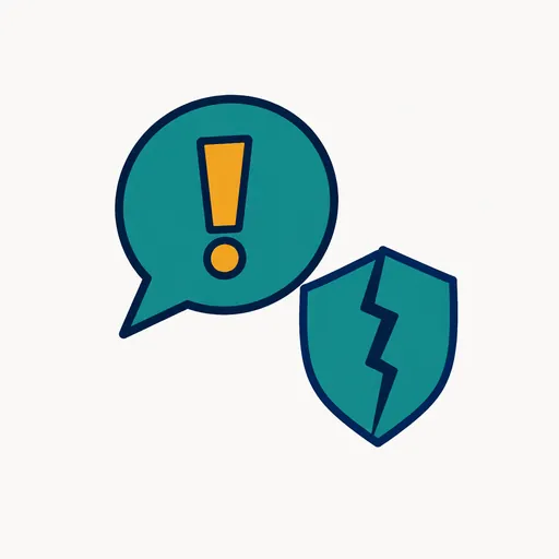 A speech bubble with an exclamation mark beside a cracked shield.