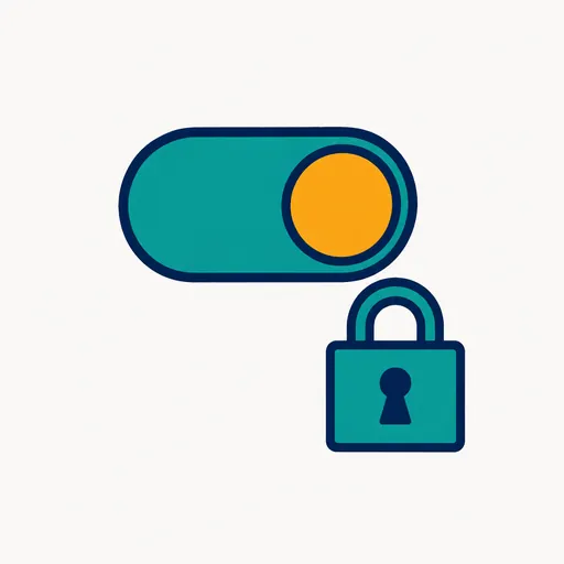 A toggle switch in the on position beside a padlock.