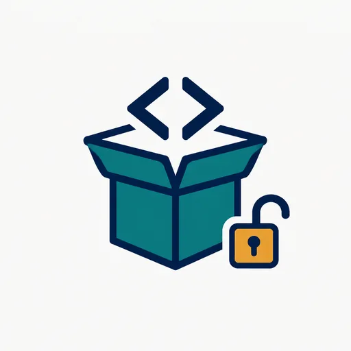 An open box with a code symbol and an unlocked padlock.