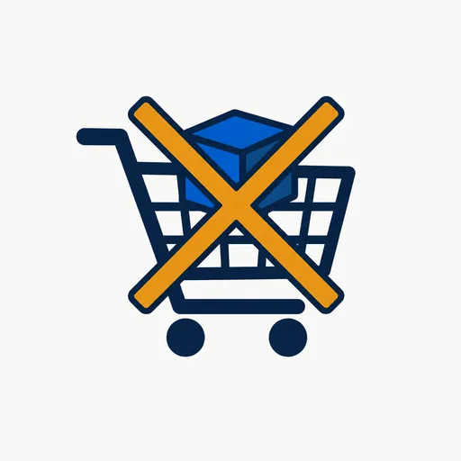 A shopping cart with a blue cube inside, crossed out by an amber X.