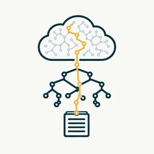 A branching tree drawn as a record, with a cloud above it holding many small candidate paths and one path drawn bold coming back down to the ground.