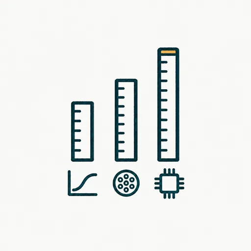Three hand-drawn rulers of different lengths side by side, the longest marked at its end, each ruler labelled with a small domain icon.