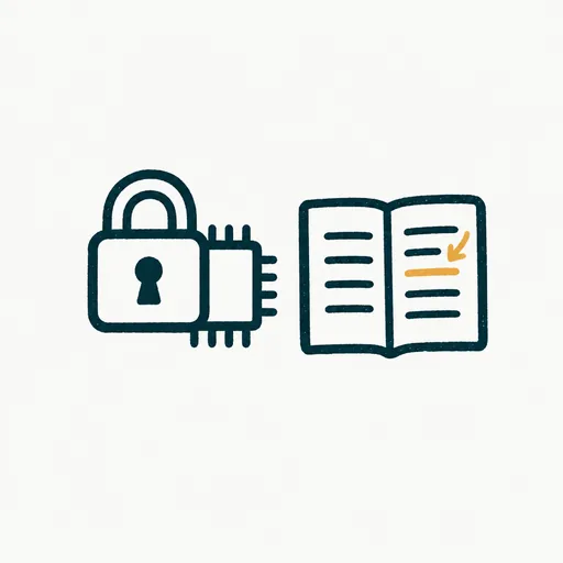 A locked padlock over a small chip labelled weights, next to an open notebook page with lines of code being rewritten.