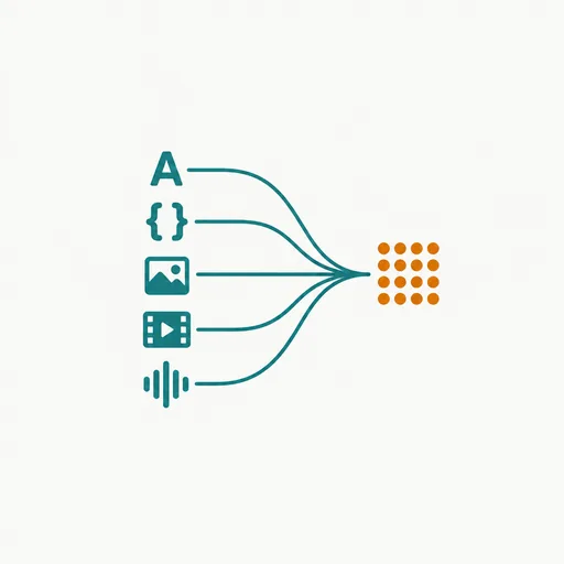 Five small input icons flowing into one cluster of dots: many kinds of input, one vector space.