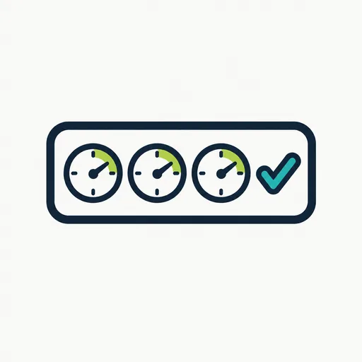 A panel of three gauges in the green beside a check mark.