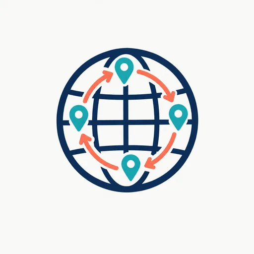 A globe with four location pins linked by arrows.